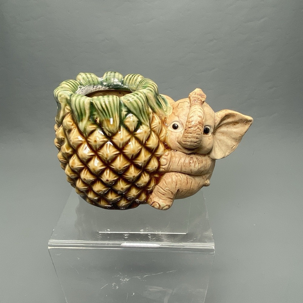 Vtg MCM Elephant Pineapple 4" Ceramic Planter Tropical Fruit Yellow Green Beige